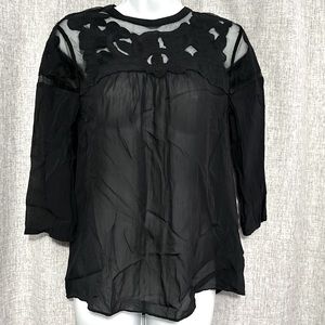 ANTHROPOLOGIE Vanessa Virginia Boho Sheer Tunic Top Lace Appliqué Sz 0 3/4 Sleev